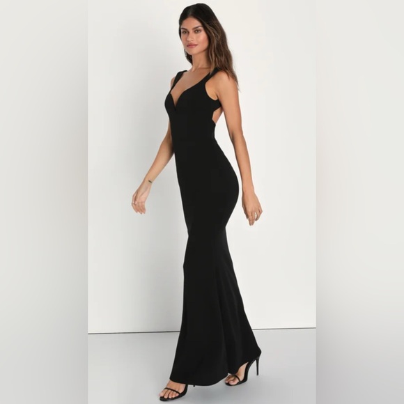 Lulus Size Medium Alluring Temptation Black Backless Ruched Mermaid Maxi Dress - Picture 3 of 14